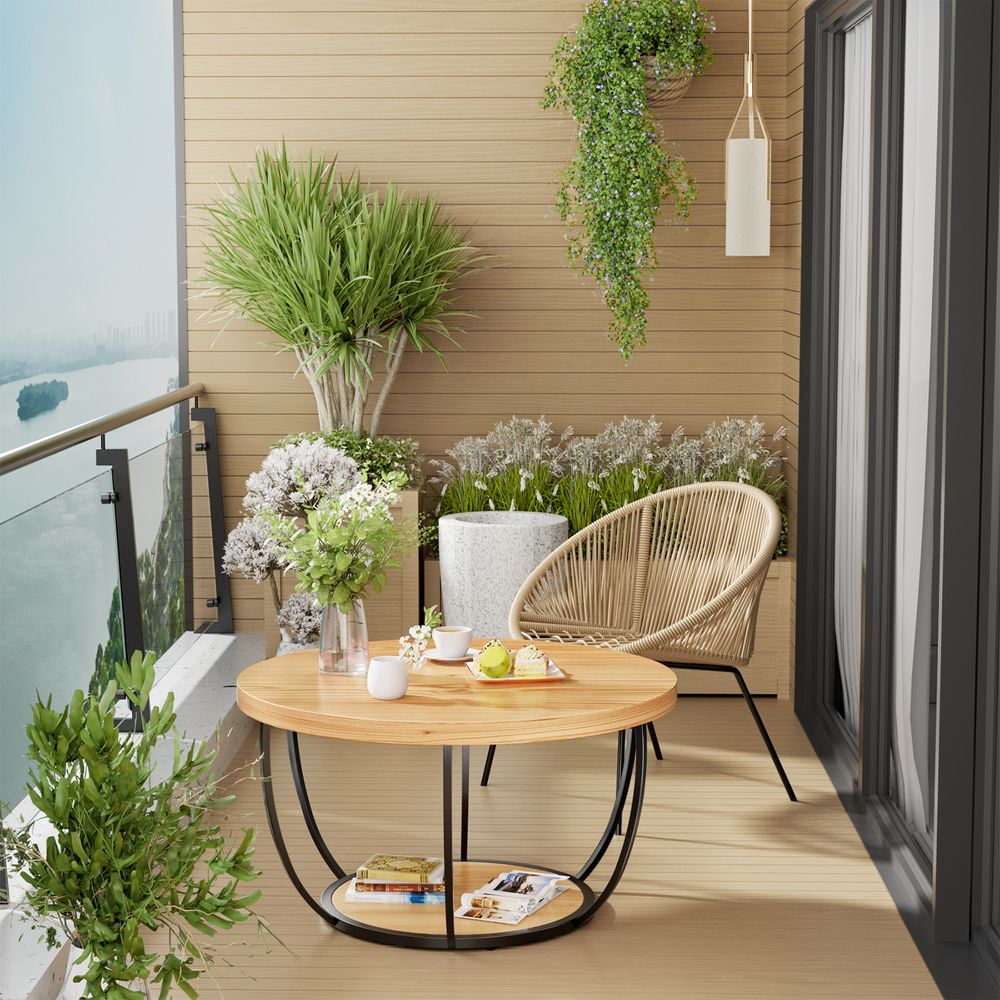 LUMAMIN  31.5" Round Coffee Table with Storage, 2 Tier Modern Small Wood Center Table with Metal Legs for Living Room, Bedroom, or Kitchen