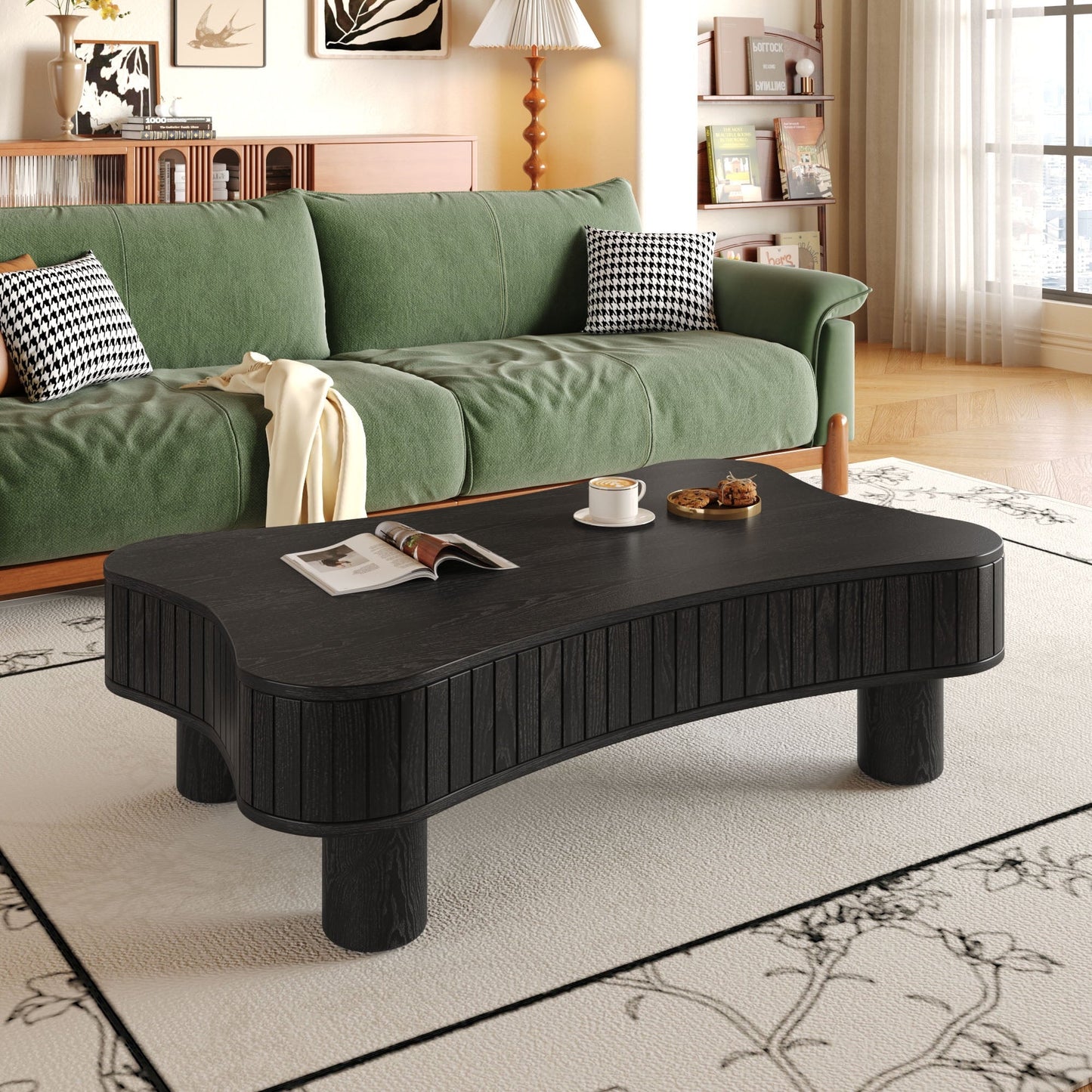 Lift Top Coffee Table for Living Room 42" - Fluted Panel Hidden Storage, Silent Hydraulic Lift, Curved Safety Corners, 5 Min Assembly (27"W X 13-18.9"H, Black)