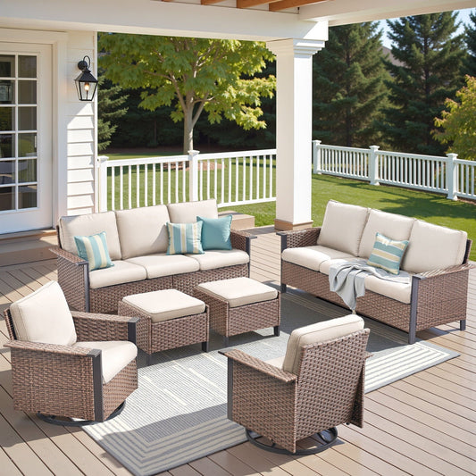 Lumiinofami 6 Pieces Outdoor Patio Conversation Furniture Set - 2 Outdoor Sofa, 2 Wicker Swivel Rocking Glider Chairs and 2 Ottomans, for Garden, Balcony, Porch, Beige