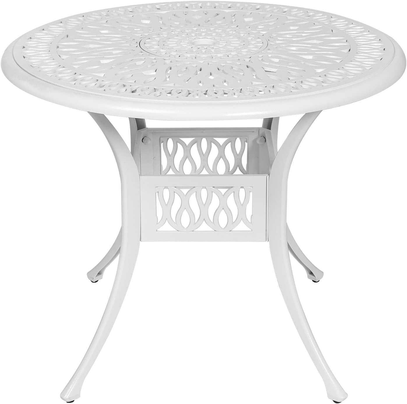 MEETWARM 35.4" Round Patio Dinning Table, Outdoor Cast Aluminum Dinning Table with 2" Umbrella Hole, White