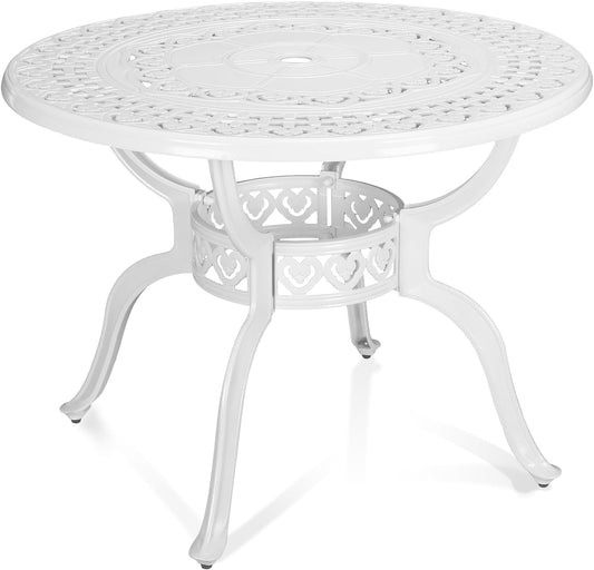 MEETWARM 38.5" Round Patio Dinning Table, Outdoor Cast Aluminum Dinning Table with 2" Umbrella Hole, White