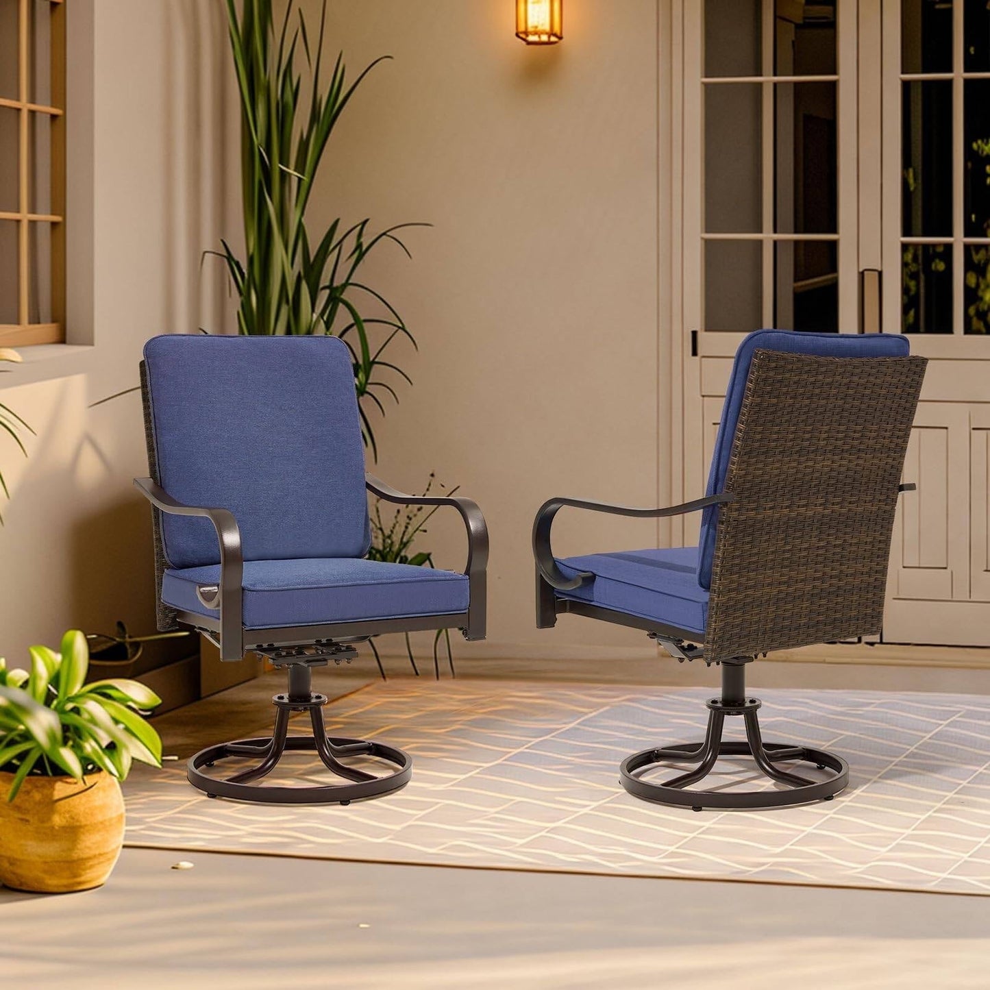 MELLCOM Patio Swivel Chair Set of 2, Outdoor Dining Chairs with Thickened Cushions, Wicker Chairs with Gentle Rocker for Porch, Garden, Backyard, Poolside, Deck, Blue