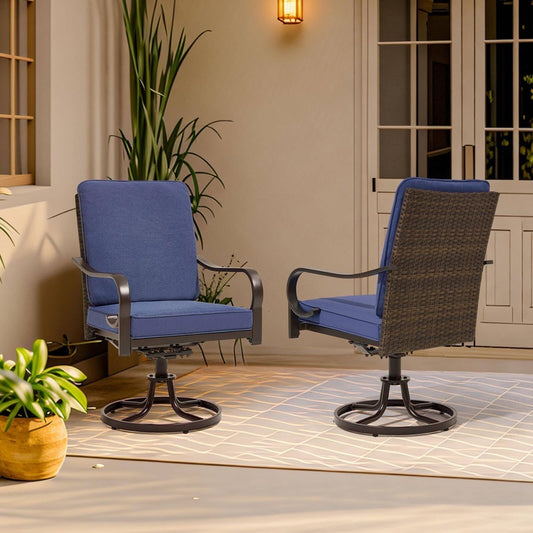 MELLCOM Patio Swivel Chair Set of 2, Outdoor Dining Chairs with Thickened Cushions, Wicker Chairs with Gentle Rocker for Porch, Garden, Backyard, Poolside, Deck, Blue
