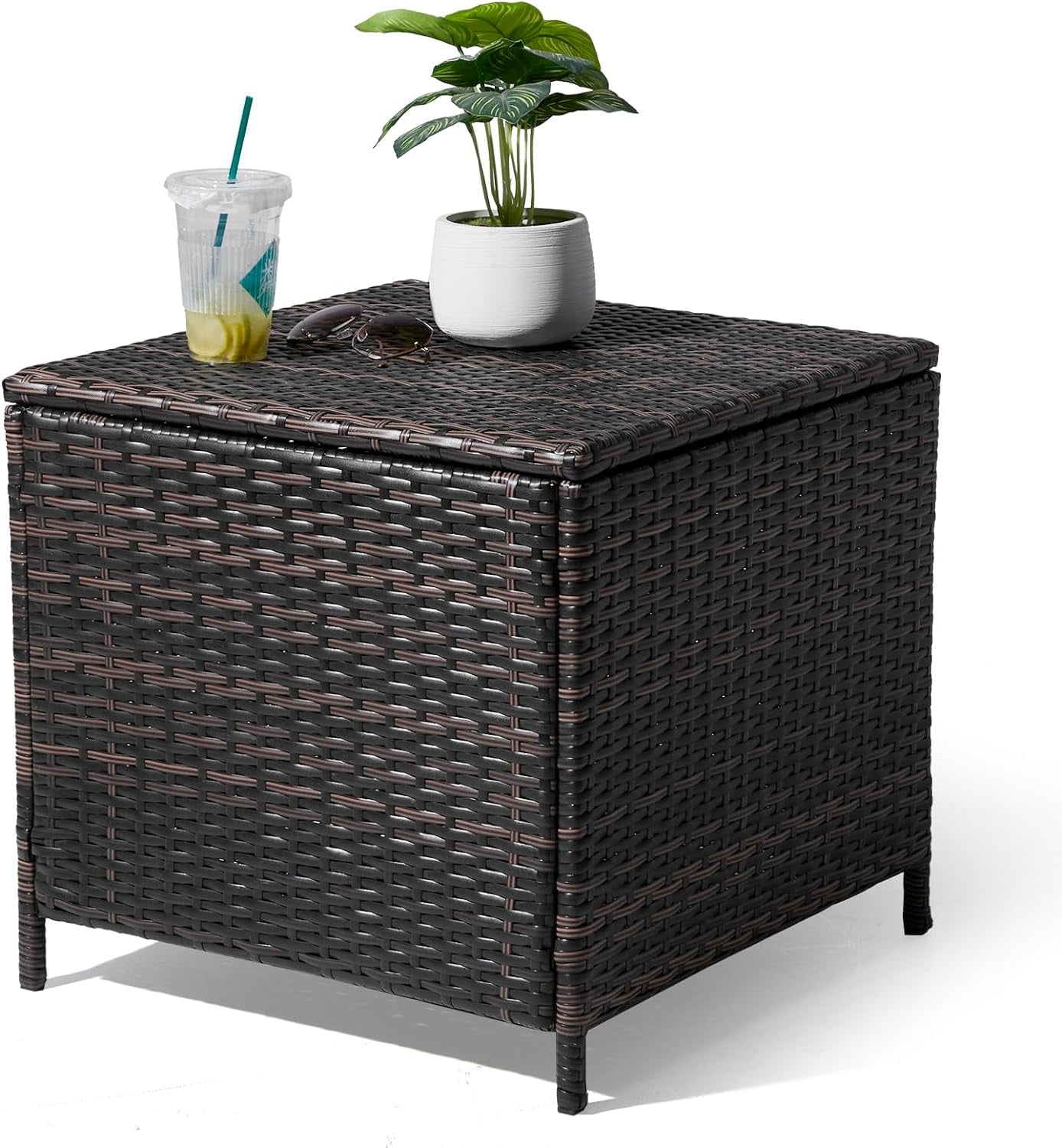 MarketLane Outdoor Side Table, Rattan Coffee Table with Storage 13 Gallon Patio Small Deck Storage Box for Cushion Towel Books, Brown Side Table with lid,Square
