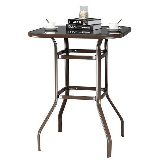 Matte Brown Iron Outdoor Bar Table, 31.5" Square Black Tempered Glass Top, Double-Ring Reinforced, for Home/Bar/Restaurant