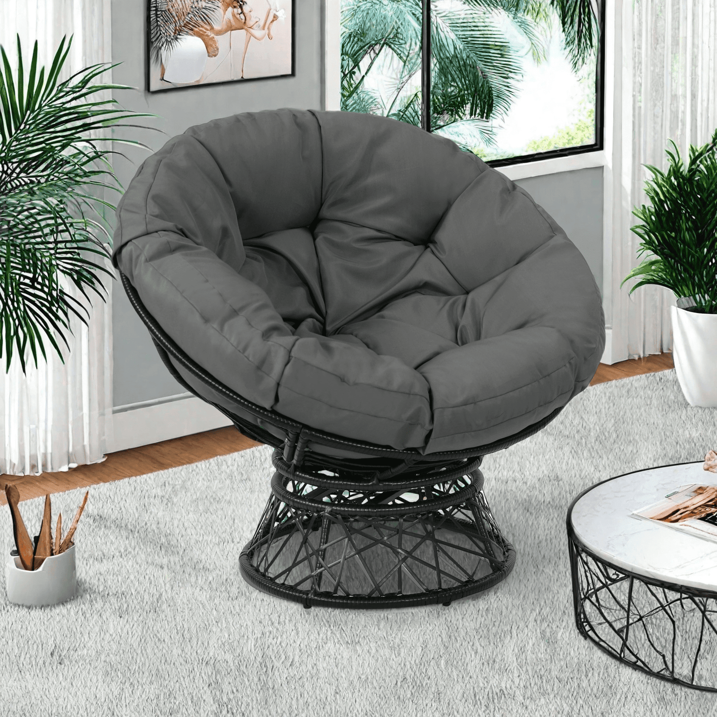 Melocadol Oversized 46" Papasan Chair, Fluid 360° Swivel with Cushion, Durable Frame for Indoor & Outdoor, Black Frame with Dark Grey Cushion