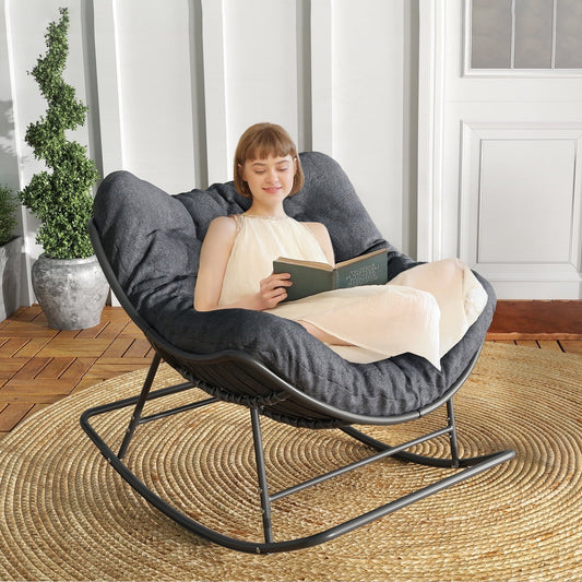 Micleed Papasan Rocking Chair Outdoor, Indoor Wicker Rocking Chair with Cushion, Oversized Rocker Egg Patio Lounge Chairs - Grey
