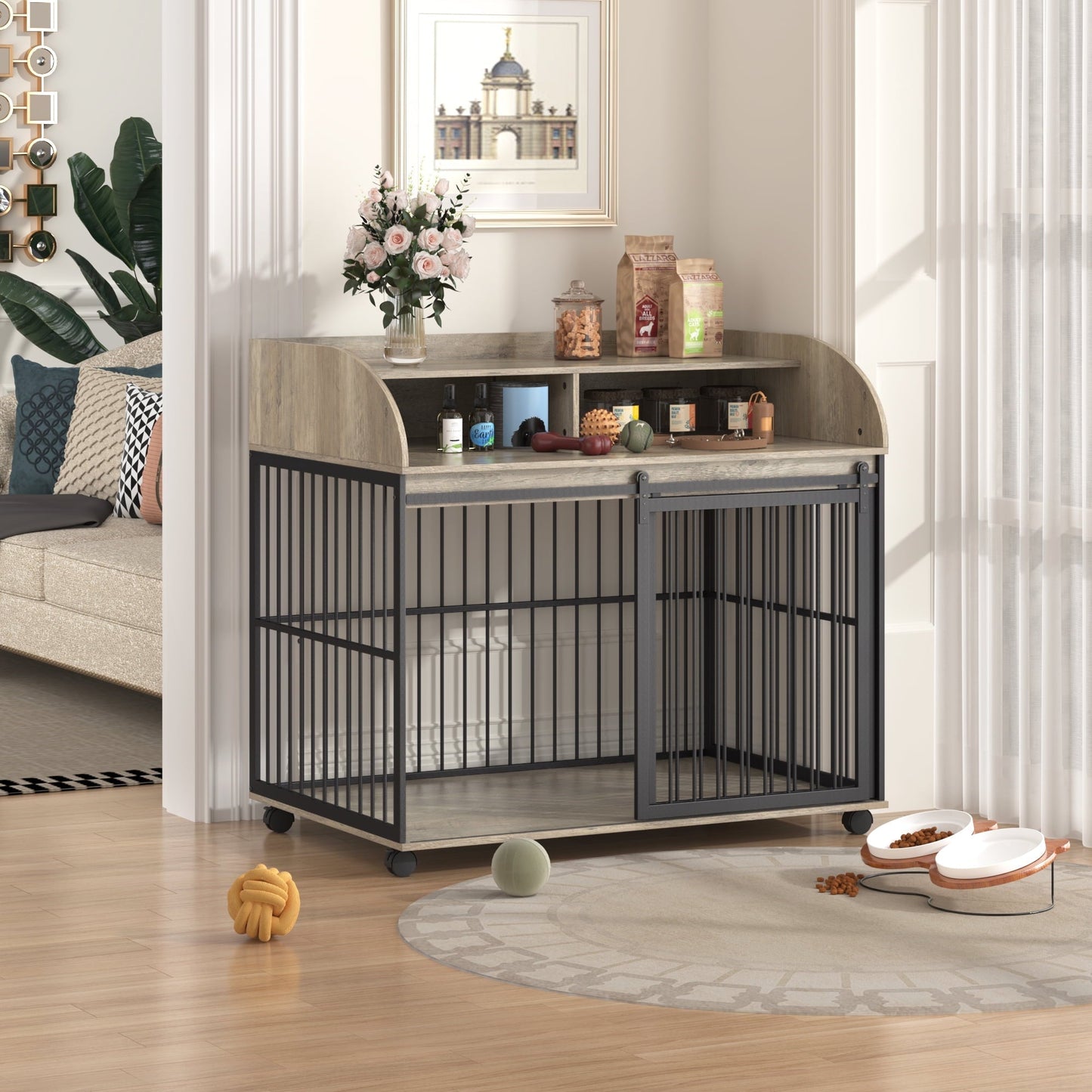 Noaman GO 44'' Heavy Duty Large Dog Crate Furniture with Lockable Wheels, Wooden Dog Kennel & End Table with Double Layer Storage, Gray