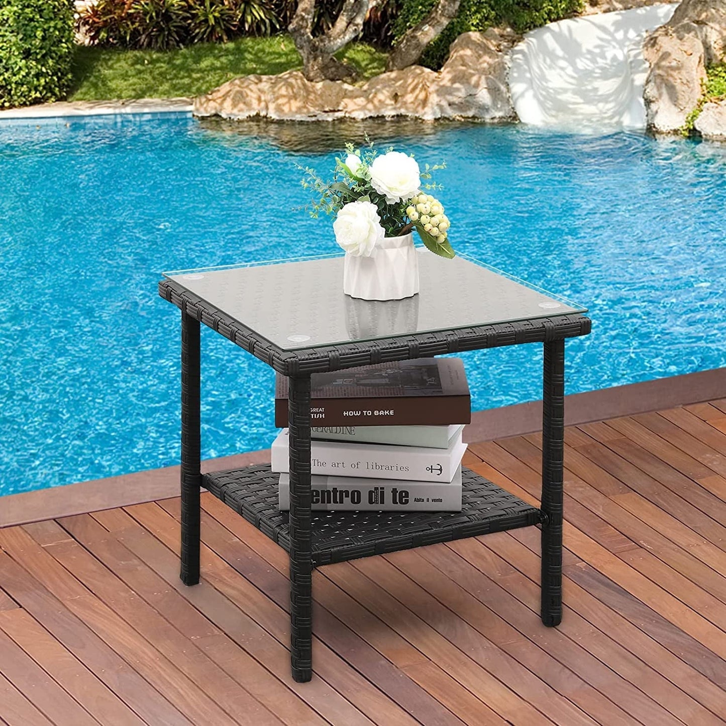 Outdoor PE Wicker Side Table - Patio Rattan Garden Coffee End Square Table with Glass Top Furniture, Black