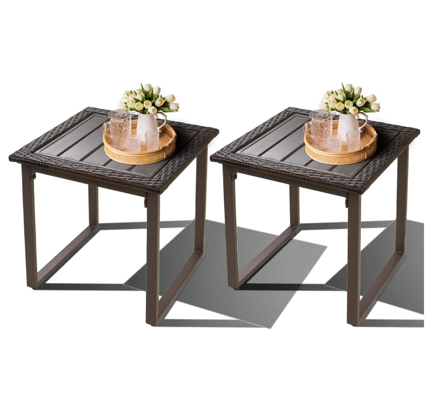 Outdoor Wicker Rattan Side End Tables for Patio Set of 2, 2 PCS Square Outdoor Patio Furniture End Table for Porch Lawn Garden Balcony Pool Bistro, Brown