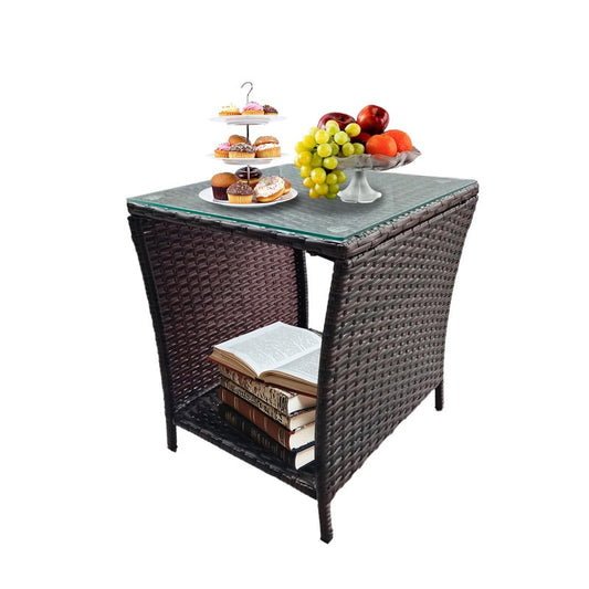 Outdoor Wicker Side Table, Rattan Coffee Tables - Square End Table with Tempered Glass Top and Storage for Patio Porch Lawn (Brown)