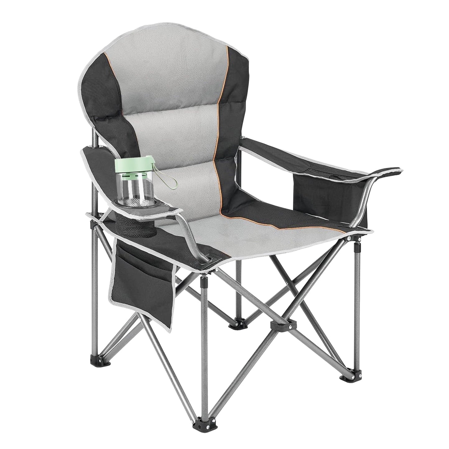 Oversized Camping Folding Chair, Heavy Duty Padded Chair with Cup Holder Storage and Cooler Bag for Outdoor,Black Gray