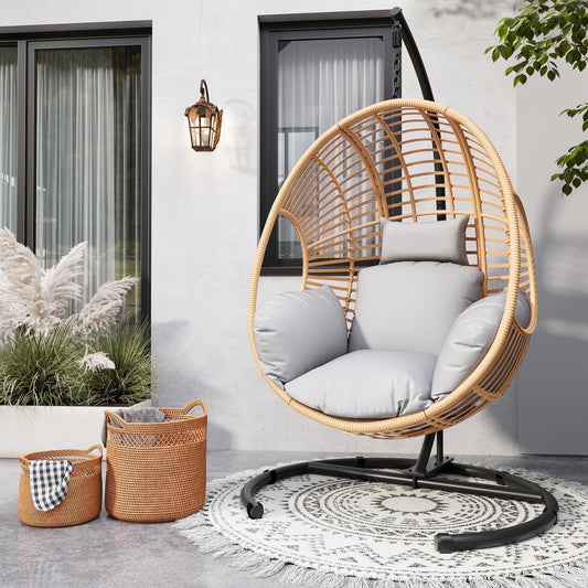 TQKVIPI Oversized Hanging Egg Chair Outdoor Indoor, Wicker Swing Egg Chair with Stand  Rain Cover UV Resistant Cushion 400lbs Capacity for Bedroom, Patio, Garden and Balcony (Beige-Regular)