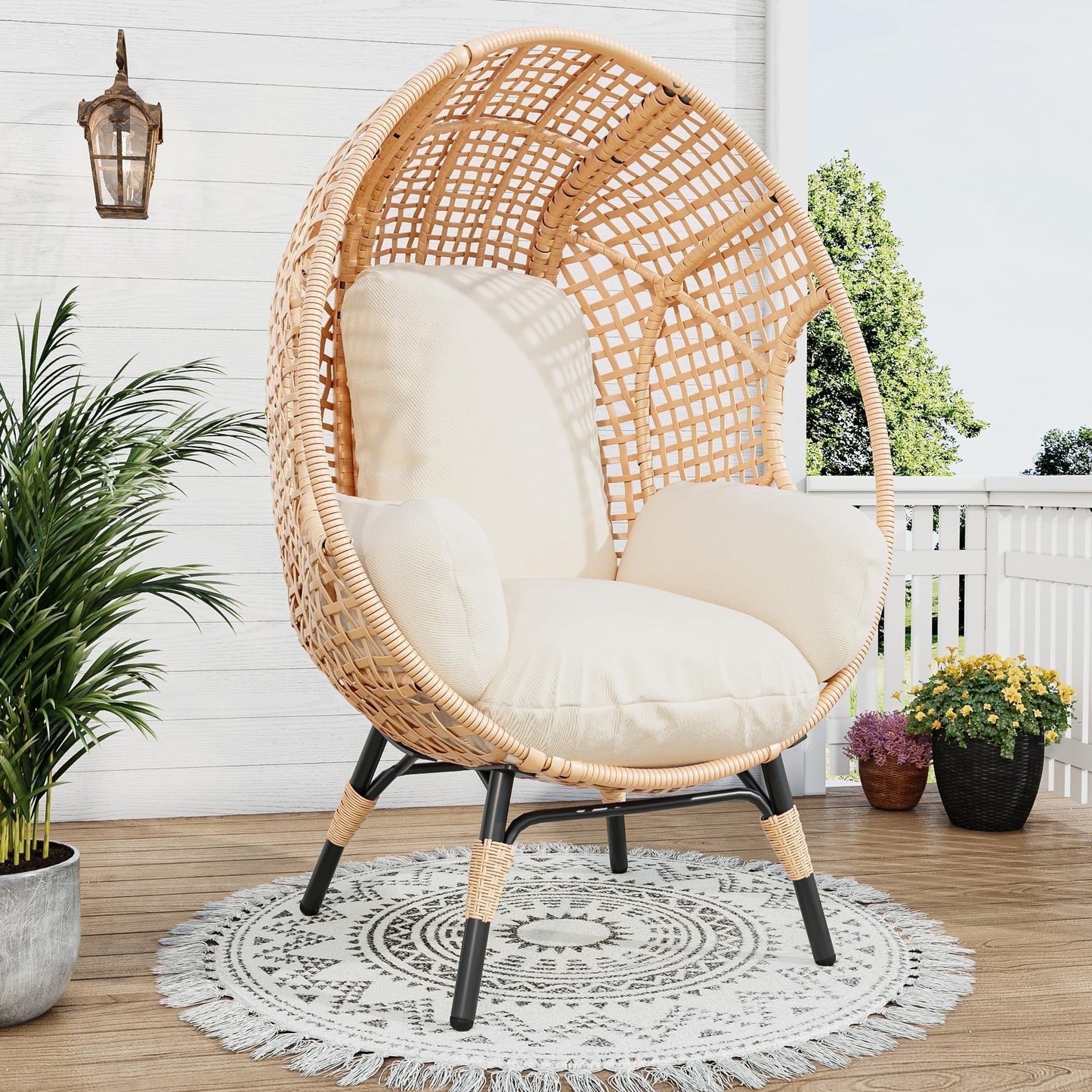 TQKVIPI Oversized Wicker Egg Chair Outdoor Indoor,Patio Lounge Chair with Thicken Cushions & Durable Steel Frame, Egg Basket Chair 500lbs Capacity for Garden, Backyard, Porch,Bedroom (Beige-Plaid)