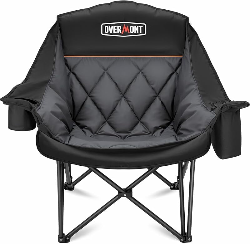 Oversized XL Camping Chair for Adults - 450lbs Support Heavy-Duty Padded Folding Chair with Side Pocket Cup Holder Cooling Bag