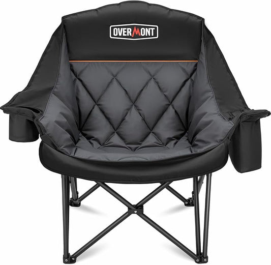 Oversized XL Camping Chair for Adults - 450lbs Support Heavy-Duty Padded Folding Chair with Side Pocket Cup Holder Cooling Bag