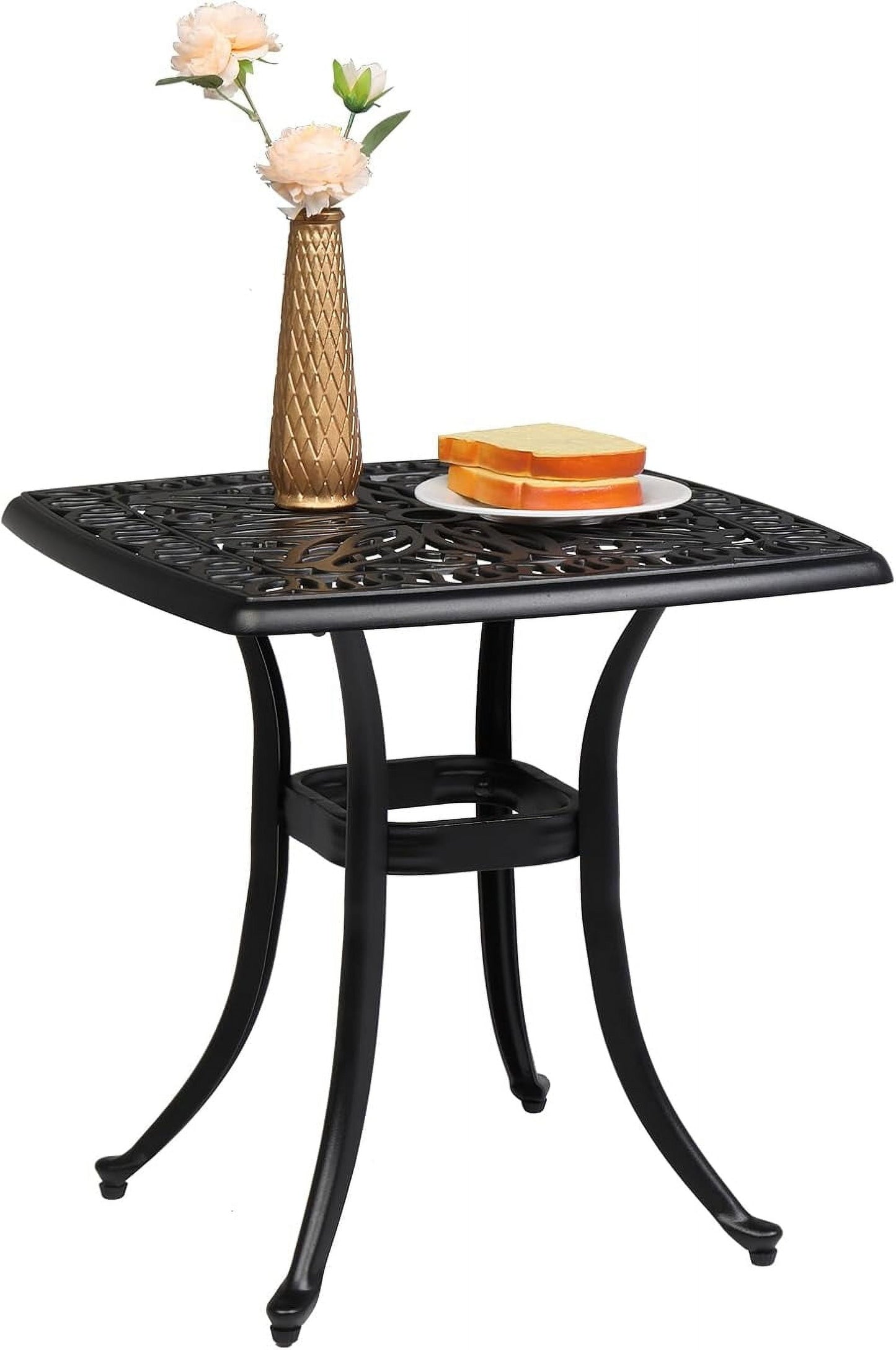 PINDEE Cast Aluminum Outdoor Side Table with Umbrella Hole, All Weather Round Patio Bistro Table,The appearance is exquisite, fashionable, and high-end.(Black)