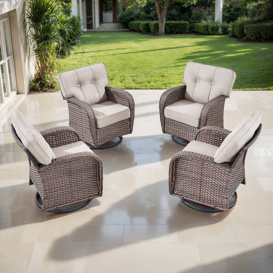 POCASSY Swivel Patio Chairs Set of 4, Wide Backrest Outdoor Swivel Glider Rocking Chairs with All Weather Brown Wicker with Comfort 5" Thick Cushion for Porch Balcony, Gray Cushion