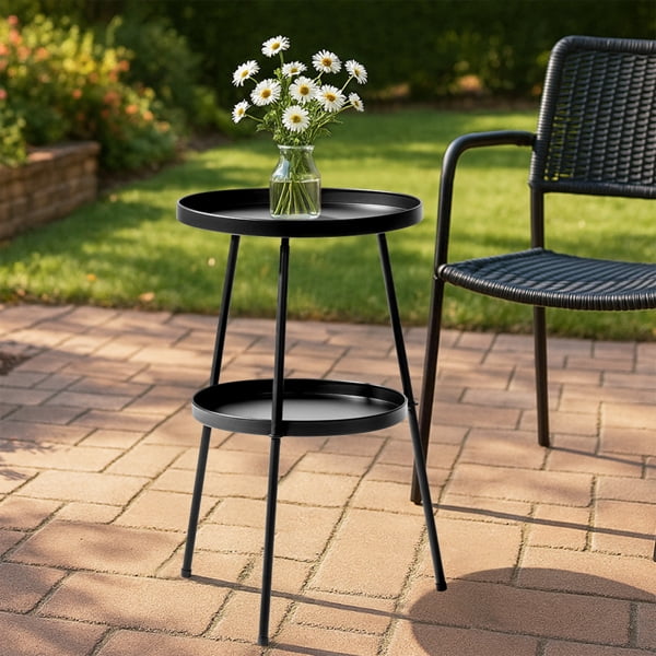 Patio Small Side Table, Round 2 Tier End Table, Metal Round Coffee Table for Indoor Outdoor, Black