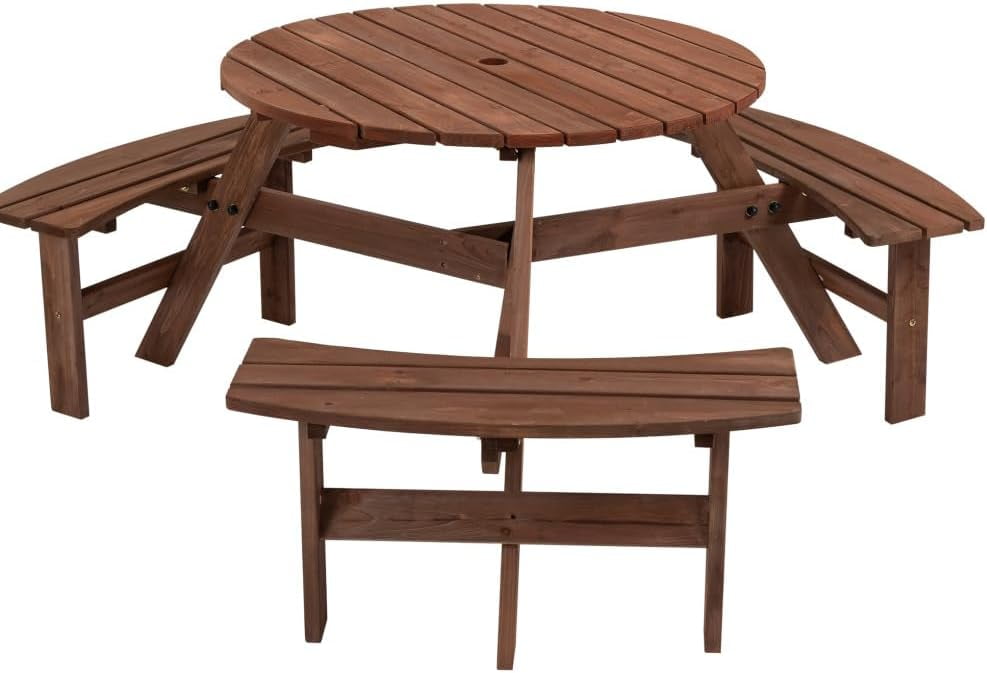 Picnic Table,6 Person Wooden Picnic Table with 3 Built-in Benches, Circular Outdoor Wooden Table with Seat for Patio, Backyard, Garden,2220lb Capacity - Natural