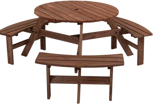 Picnic Table,6 Person Wooden Picnic Table with 3 Built-in Benches, Circular Outdoor Wooden Table with Seat for Patio, Backyard, Garden,2220lb Capacity - Natural