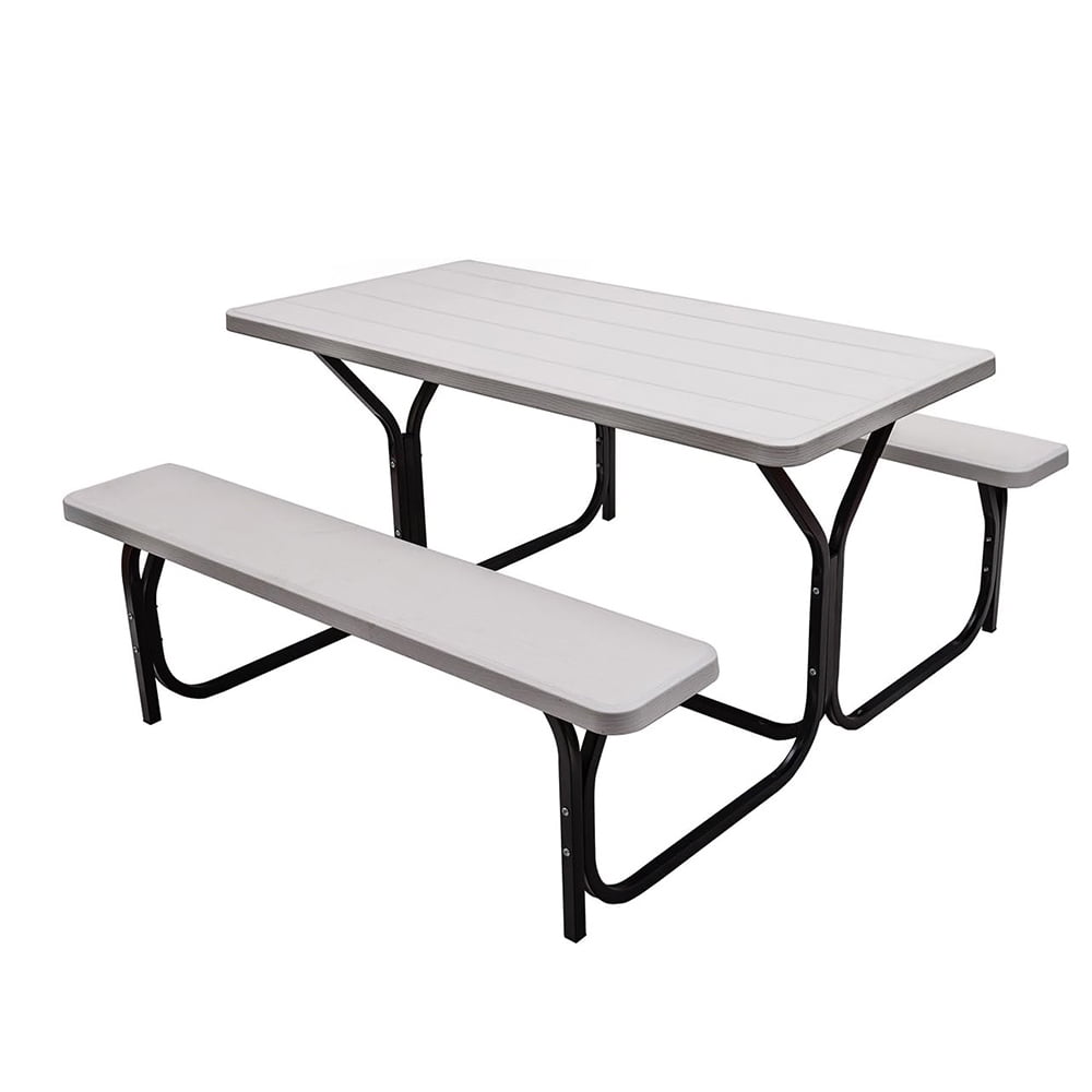 Picnic Table Bench Set, Outdoor All Weather Bench with Metal Base, Wood-Like Texture for Park, Backyard, Poolside, Camping, Garden, Lawn, White