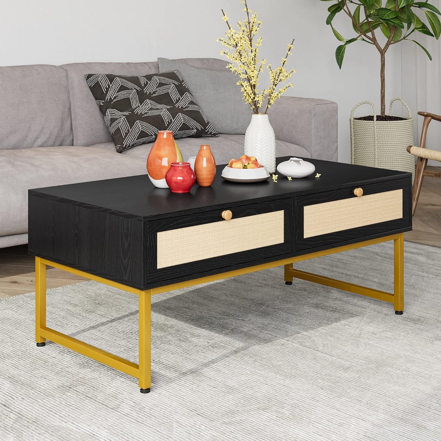 Rattan Coffee Table with 2 Drawer 45.6'' Wood Coffee Table with Storage Boho Dining Table with Rattan Drawer Accent Center Sofa Table with Storage Shelf, Small Coffee Tables for Living Room