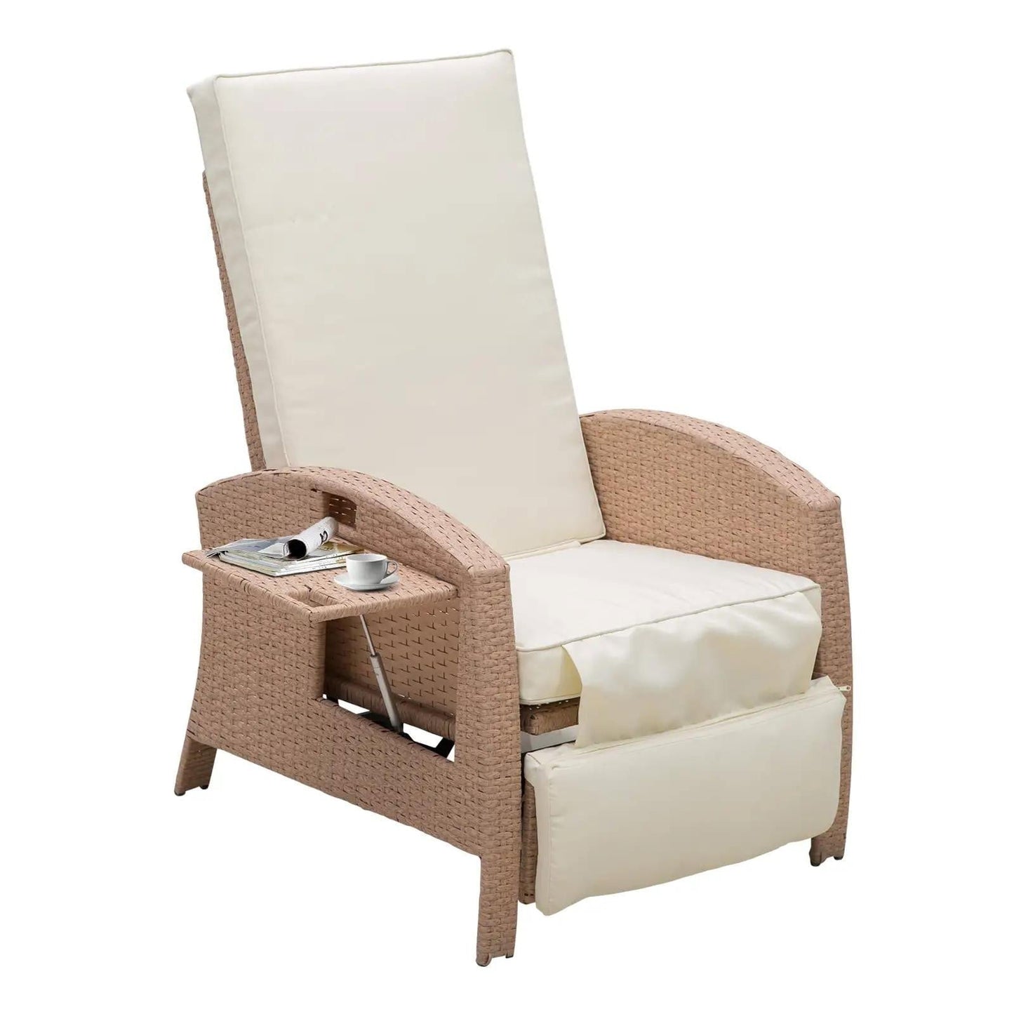 Resenkos Patio Recliner, Outdoor Reclining Chair with Flip-Up Side Table, All-Weather Wicker Metal Frame Chaise with Footrest, Cushions, Beige