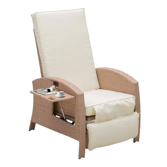 Resenkos Patio Recliner, Outdoor Reclining Chair with Flip-Up Side Table, All-Weather Wicker Metal Frame Chaise with Footrest, Cushions, Beige