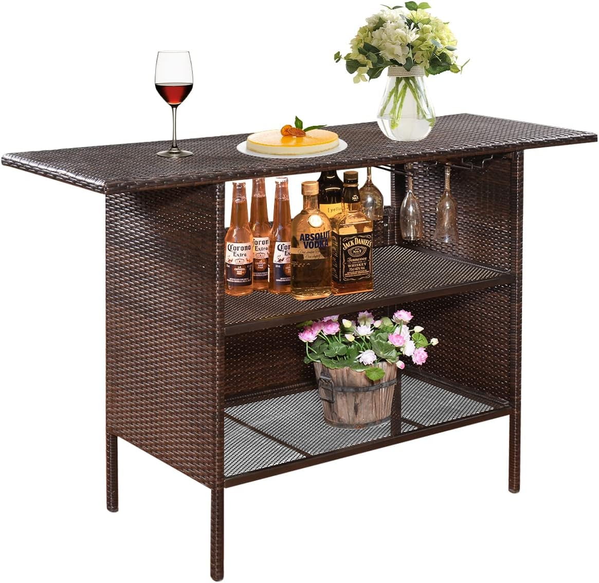 ReunionG Outdoor Wicker Bar Patio Rattan Counter Table with 2 Steel Shelves, 55.1" x 18.5" x 36.2"(L x W x H), Brown