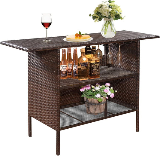 ReunionG Outdoor Wicker Bar Patio Rattan Counter Table with 2 Steel Shelves, 55.1" x 18.5" x 36.2"(L x W x H), Brown