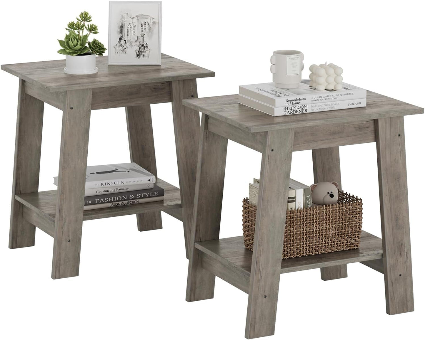Riedhoff Wooden End Table, Farmhouse 2-Layer Storage Shelves, 15.51 x 11.81 x 18.98", 2 Piece, Gray
