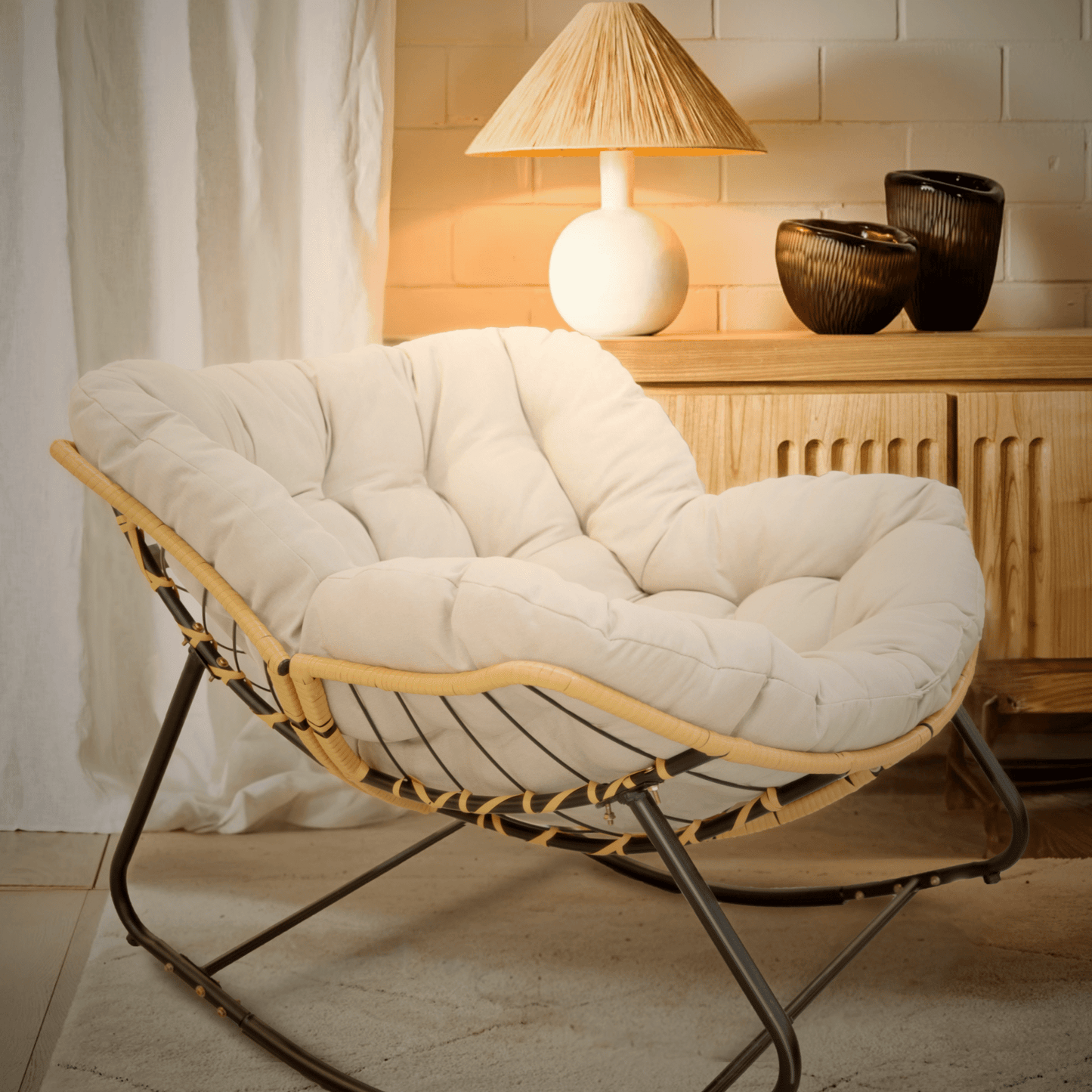 Rocking Chairs Outdoor Rocking Chair, Patio Egg Rocking Chair, Indoor Papasan Chair, Rattan Wicker Lounge Chair, Modern Royal Chair for Bedroom, Living Room, Porch, Garden,Lawn-Beige,Wooden Rocking C