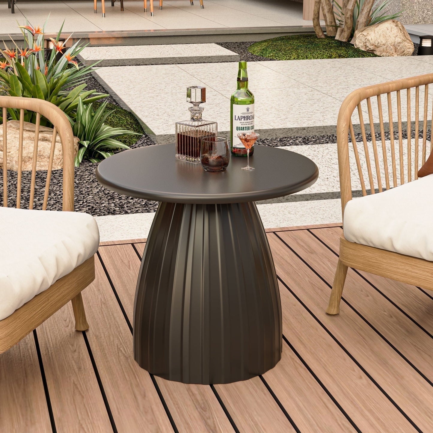 Fsbecl Round Metal Indoor Patio End Table, Black