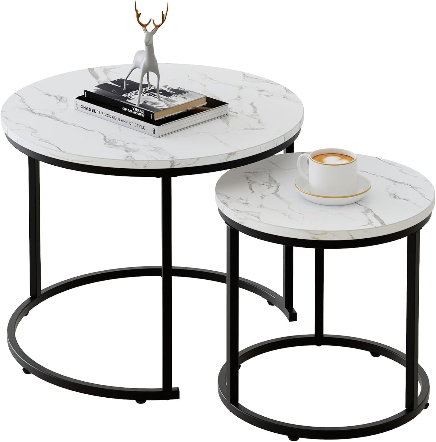 Round Nesting Coffee Table Side Table Set of 2 End Tables for Living Room Bedroom Balcony, White Faux Marble Wooden Table Accent Coffee Table with Black Steel Frame