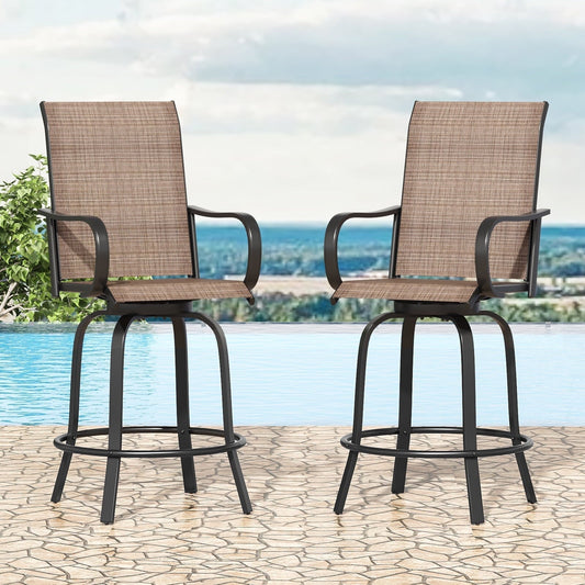 STARY Outdoor Bar Stools Set of 2, Swivel Patio Barstools with Textile Fabric,Ergonomic Comfort Bar Height Tall Outdoor Stools for Balcony,Brown