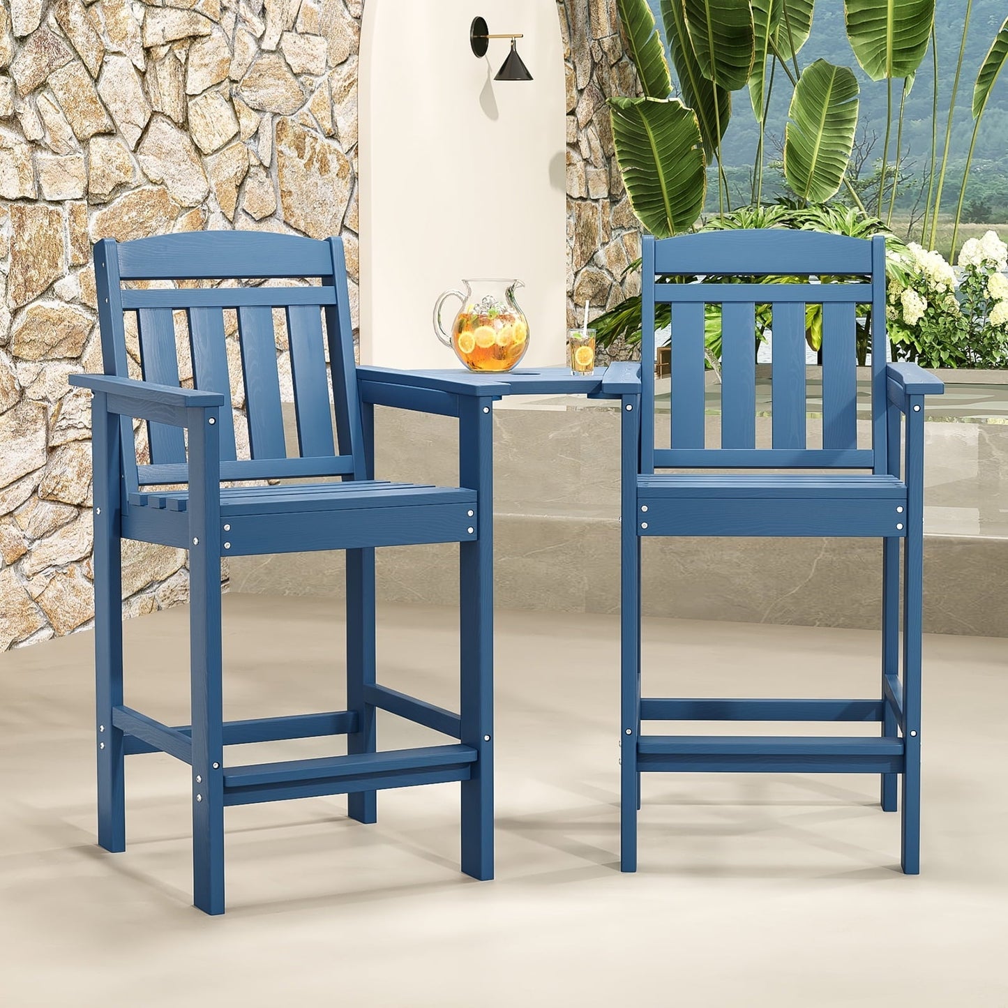 STARY Tall Adirondack Chairs Set of 2, HDPE Adirondack Bar Stools with Connecting Tray, Bar Height Adirondack Chair Patio Barstool, Ideal All Weather Tall Patio Chair for Balcony, Poolside, Backyard