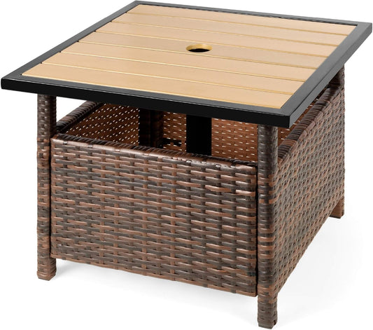 SUPQ Wicker Side Table with Umbrella Hole, Square PE Rattan Outdoor End Table for Patio, Garden, Poolside, Deck w/UV-Resistant Frame, Storage Space - Brown