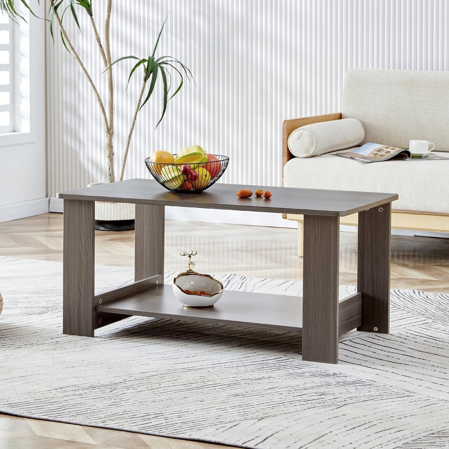 Small Coffee Tables for Small Spaces Wooden Coffee Tables for Living Room 2-Tier Coffee Table with Storage Double Layered (Gray, 19.6"*35.4"*16.5")