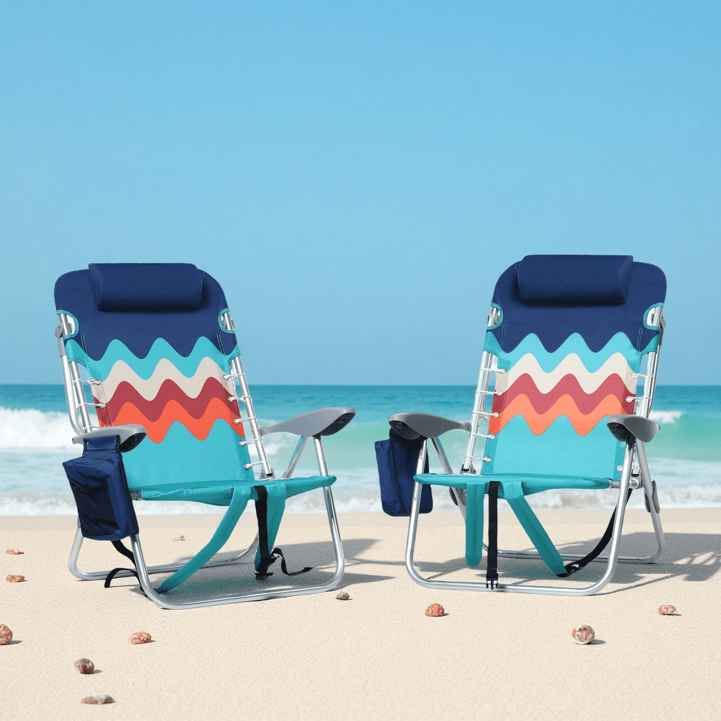 Sophia & William 2 Pack Folding Beach Chairs lightweight Outdoor Lounge Chair with 4 Adjustable Positions & Cooler Bag, Blue