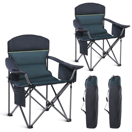 Sophia & William Heavy Duty Steel Camping Chair Outdoor Oversized Padded Lawn Chair with Cooler, 450LBS Capacity, 2 Pack, Green