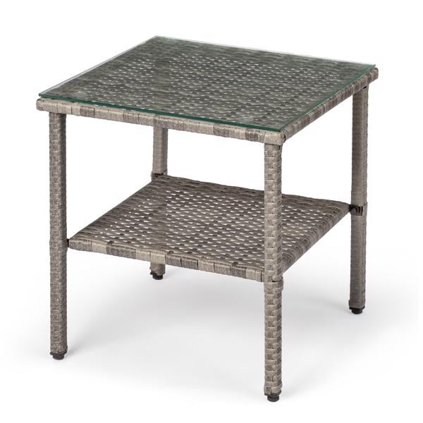 Square Double Layer Glass Top Side Table, Gray Gradient Rattan, Steel Frame, Outdoor Patio Furniture
