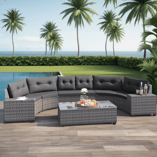 StyleSack 8-Piece Half Moon Curved Round Outdoor Sectional Sofa Patio Furniture Set with Glass Coffee Table