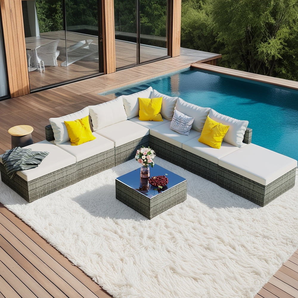 StyleSack 8-Piece Patio Sectional Furniture Set, L-Shaped Couch PE Rattan Bench Outdoor Sofa with Table, Cushion for Backyard, Porch, Pool