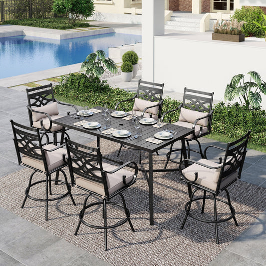 Summit Living Outdoor Swivel Bar Stool Set of 7, 6 Patio Barstool Height Chairs with Seat and Back Cushions & 1 Metal Steel Bar Table with Umbrella Hole, Black & Beige
