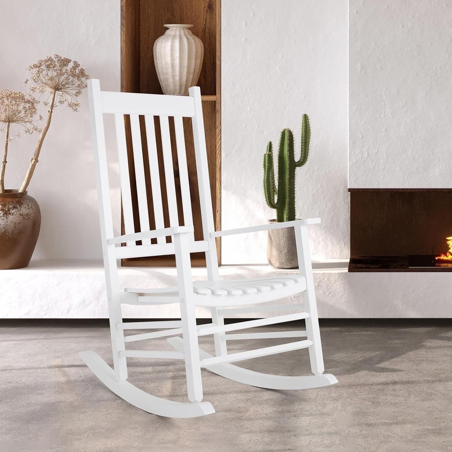 TLGREEN Outdoor Wood Porch Rocking Chair, Outdoor Rocker for Garden, Porch, Balcony（White）