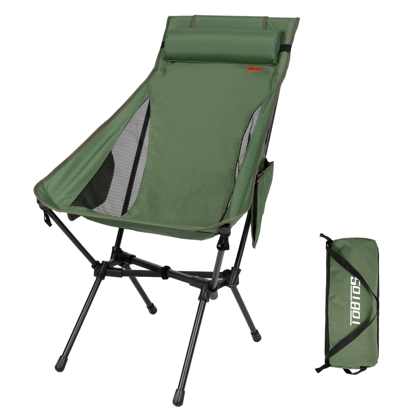 TOBTOS 440lbs High Back Camping Chair with Pillow, Compact Foldable for Camping, Hiking, Backpacking (Green)