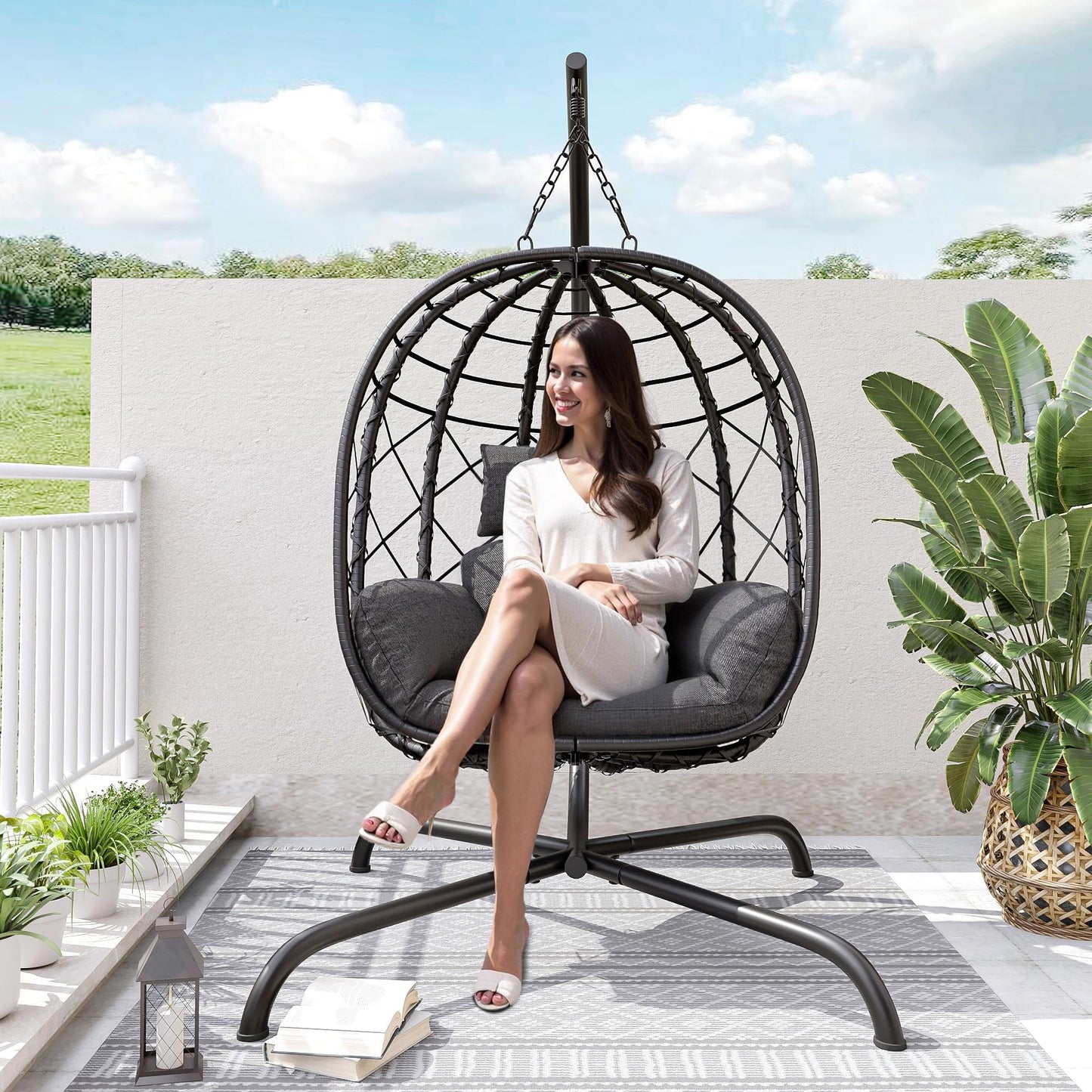 TQKVIPI Wicker Egg Chair Outdoor Indoor,Foldable Patio Hanging Egg Chair with Stand,Swing Chair with UV Resistant Cushion 350lbs Capacity for Bedroom, Patio, Garden and Balcony (Black+Dark Grey)