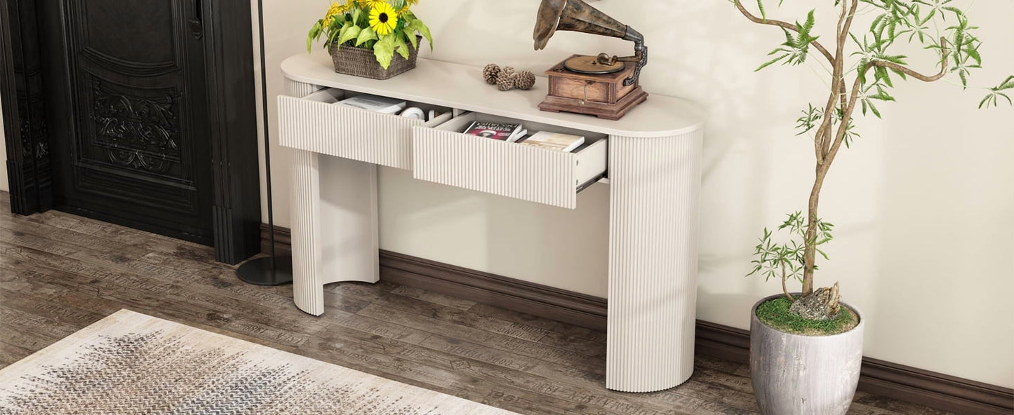 TREXM Entryway Table with Fluted Design, Modern Console Table with Storage, Oval Top and 2 Drawers for Entryway and Living Room (Champagne White)
