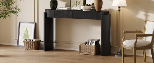 TREXM Entryway Table with Natural Wood Grain Finish, Console Table with Fluted Design, Oval Top and 2 Drawers for Entryway and Living Room (Black)